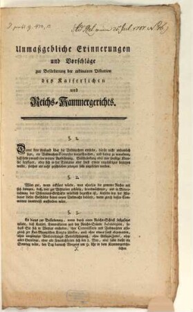 Unmaßgebliche Erinnerungen und Vorschläge zur Beförderung der ordinären Visitation des Kaiserlichen und Reichs-Kammergerichts