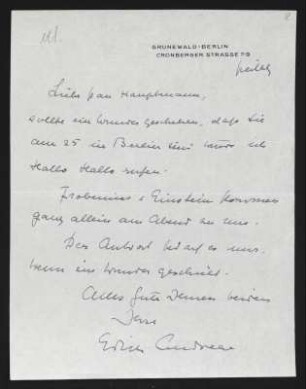 Brief von Edith Andreae an Margarete Hauptmann