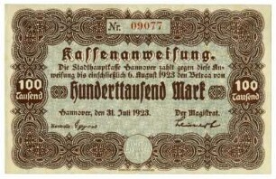 Notgeldschein: Stadt Hannover, 100.000 Mark