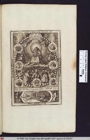 Maria mit Christus im Arm, umgeben von Mariensymbolen, darunter eine Kartusche mit der Darstellung Saras.
