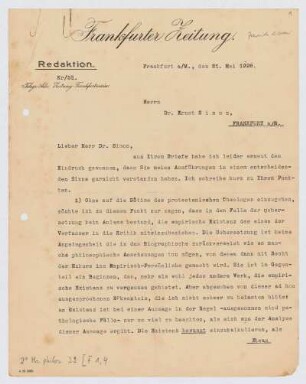 Brief von Siegfried Kracauer an ʿAqîvâ Ernsṭ Sîmôn