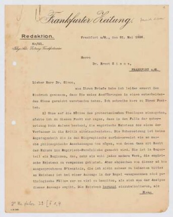 Brief von Siegfried Kracauer an ʿAqîvâ Ernsṭ Sîmôn