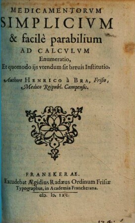 Medicamentorum simplicium ... ad Calculum Enumeratio