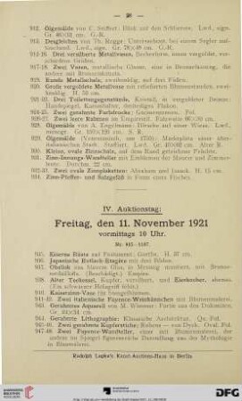 IV. Auktionstag: Freitag, den 11. November 1921 (Nr. 935-1167)