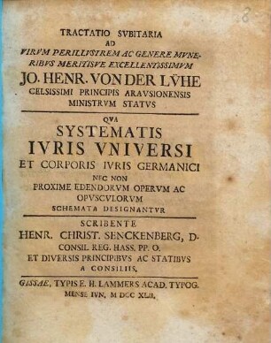 Tractatio subitaria ad virum perillustrem ac genere muneribus meritisve excellentissimum Jo. Henr. von der Lühe ... qua systematis iuris universi et Corporis Iuris Germanici, nec non proxime edendorum operum ac opusculorum schemata designantur