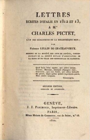Lettres écrites d'Italie en 1812 et 13 à Mr. Pichet