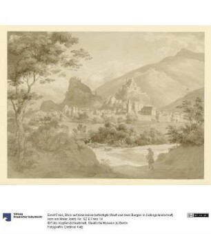 Blick auf eine kleine befestigte Stadt und zwei Burgen in Gebirgslandschaft, vorn ein Maler