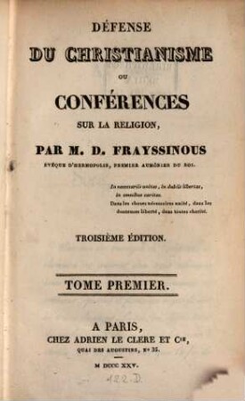 Défense du Christianisme ou conférences sur la religion, 1