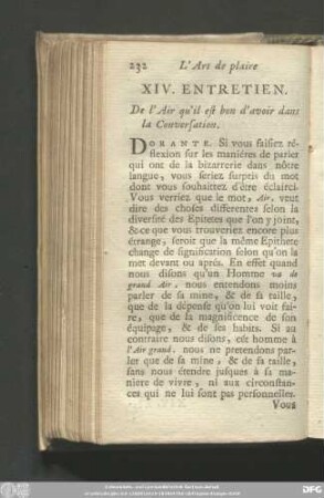XIV. Entretien. De l'Air qu'il est bon d'avoir dans la Conversation.
