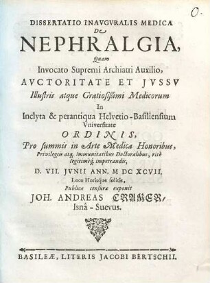 Dissertatio Inauguralis Medica De Nephralgia