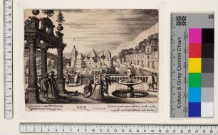 Heidelberg, höfische Figuren auf einer Terrasse im Hortus Palatinus, im Hintergrund das Schloss