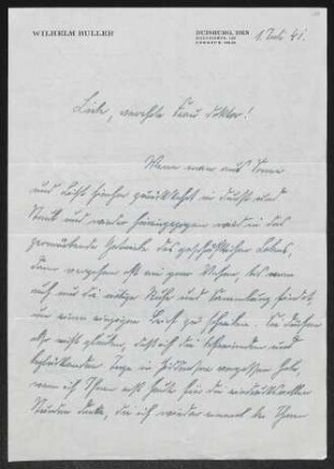 Brief von Wilhelm Buller an Margarete Hauptmann