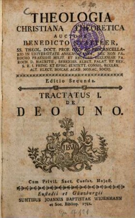 Theologia Christiana Theoretica, Tractatus I.. De Deo Uno