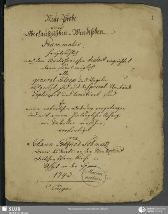 Neue Probe einer Oberlausizisch-Wendischen Grammatic : hauptsächlich nach dem Budissinischen Dialect eingerichtet