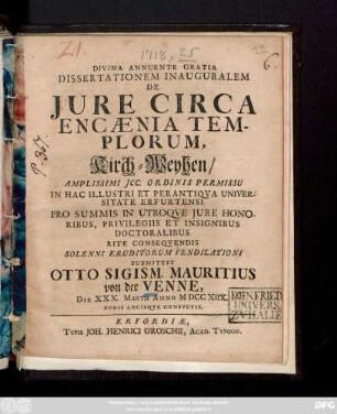 Dissertationem Inauguralem De Jure Circa Encænia Templorum
