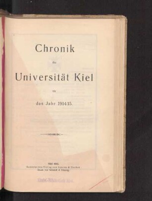 1914/15: Chronik der Universität Kiel für das Jahr 1914/15