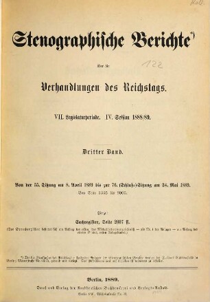 Verhandlungen des Reichstages. Stenographische Berichte. 107. 1888/89