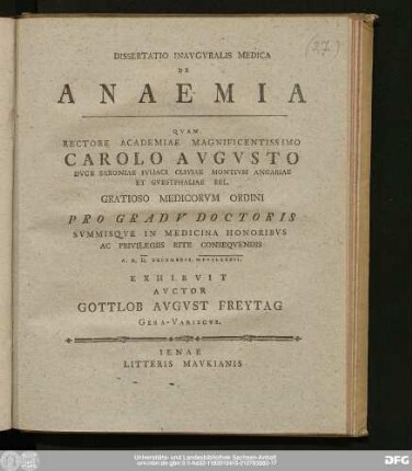 Dissertatio Inavgvralis Medica De Anaemia