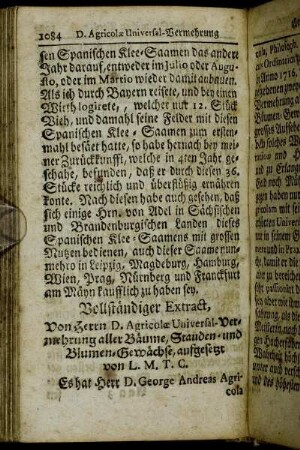 Vollständiger Extract, Von Herrn D. Agricolæ Universal-Vermehrung aller Bäume, Stauden- und Blumen-Gewächse, [...].