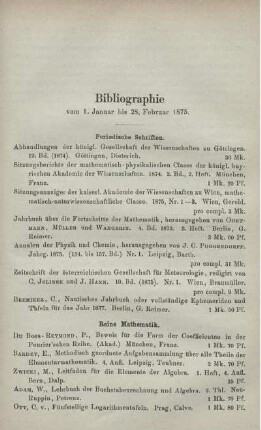 Bibliographie vom 1. Januar bis 28. Februar 1875.