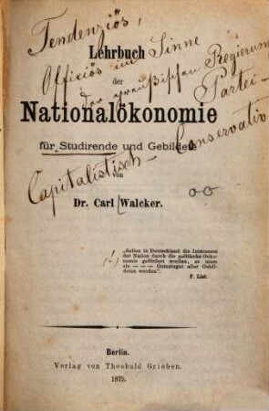 Lehrbuch der Nationalökonomie : für Studirende und Gebildete