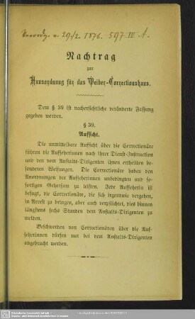 Nachtrag zur Hausordnung für das Weiber-Correctionshaus