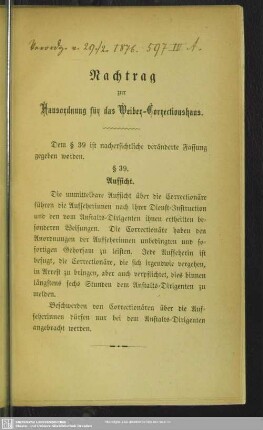 Nachtrag zur Hausordnung für das Weiber-Correctionshaus