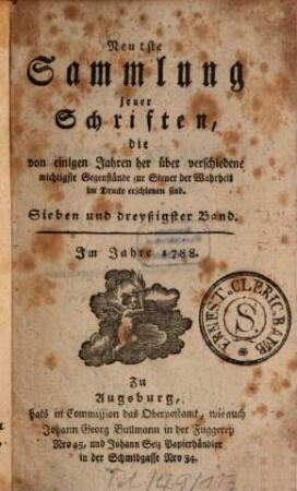 Neueste Sammlung jener Schriften, die von einigen Jahren her über verschiedene wichtige Gegenstände zur Steuer der Wahrheit im Drucke erschienen sind. 37. 1788