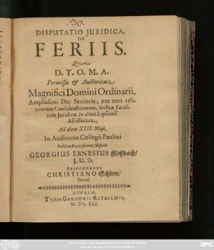 Disputatio Iuridica, De Feriis