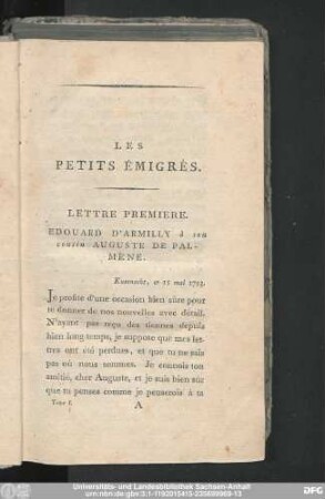 Lettre Premiere. Edouard D'Armilly à son cousin Auguste De Palmène. Kussnacht, ce 15 mai 1793.