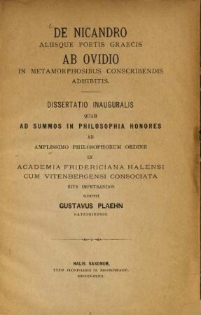 De Nicandro aliisque poetis Graecis ab Ovidio in Metamorphosibus conscribendis adhibitis : (Hallenser Diss.)