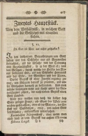 Zweytes Hauptstück- Von dem Verhältnisse, in welchem Gott und die Geschöpfe mit einander stehen