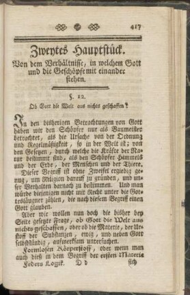 Zweytes Hauptstück- Von dem Verhältnisse, in welchem Gott und die Geschöpfe mit einander stehen