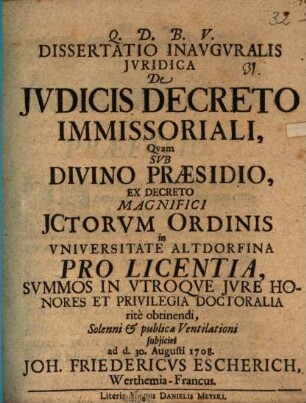 Diss. inaug. iur. de iudicis decreto immissoriali