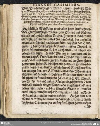 Joannes Casimirus. Dem Durchlauchtigsten Fürsten, Herrn Friedrich Wilhelm Marggraffen zu Brandenburg...