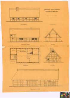 Jamund (Kreis Köslin): Kossätenhof Ernst Ott. - Wohnhaus
                                 (Süd-Seiten-Ansicht, Hof-[Nord-]Seiten-Ansicht, Querschnitt,
                                 Grundriss, Ost-Giebel-Ansicht). - Scheune
                                 (Hof-Seiten-Ansicht)