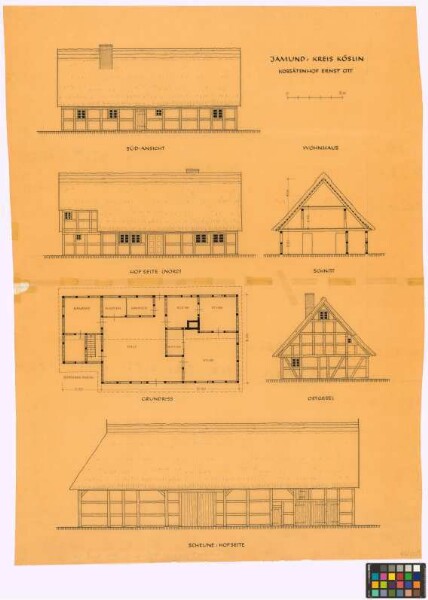Jamund (Kreis Köslin): Kossätenhof Ernst Ott. - Wohnhaus
                                 (Süd-Seiten-Ansicht, Hof-[Nord-]Seiten-Ansicht, Querschnitt,
                                 Grundriss, Ost-Giebel-Ansicht). - Scheune
                                 (Hof-Seiten-Ansicht)