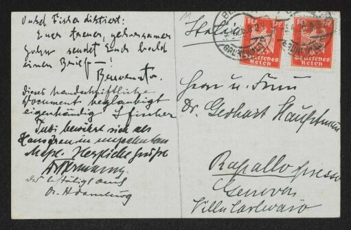 Brief von Hedwig Fischer, Brigitte Bermann Fischer, Benvenuto Hauptmann und Samuel Fischer an Margarete Hauptmann und Gerhart Hauptmann