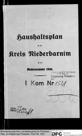 Haushaltspläne des Kreises Niederbarnim für das Rechnungsjahr 1926