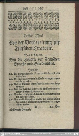 Erster Theil. Von der Vorbereitung zur Teutschen Oratorie