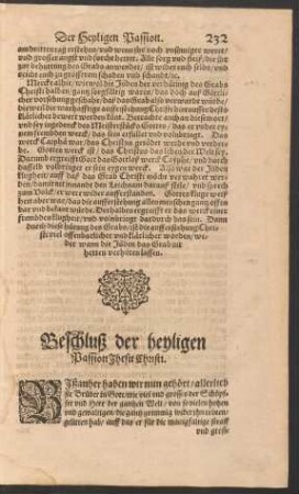 Beschluß der heyligen Passion Jhesu Christi.