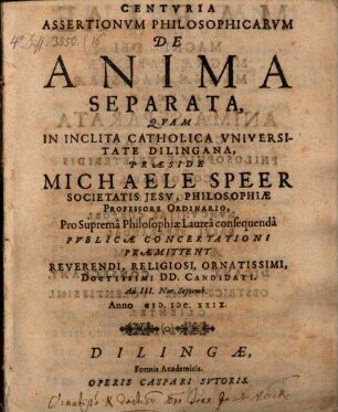 Centuria Assertionum Philosophicarum De Anima Separata