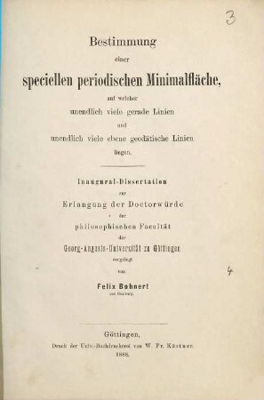 Bestimmung einer speciellen periodischen Minimalfläche, auf welcher unendlich viele gerade Linien und unendlich viele ebene geodätische Linien liegen
