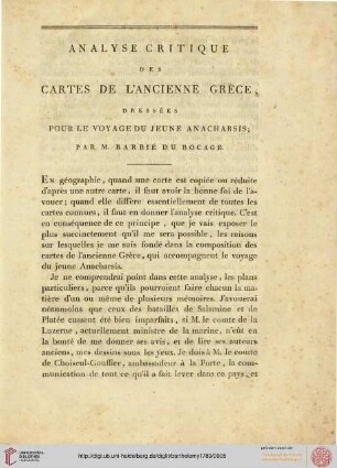 Analyse critique des cartes de l'ancienne Grece (Jean Denis Barbie DuBocage)