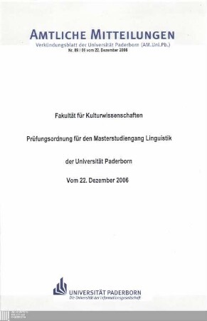 Prüfungsordnung für den Masterstudiengang Linguistik der Universität Paderborn : vom 22. Dezember 2006