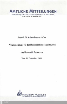 Prüfungsordnung für den Masterstudiengang Linguistik der Universität Paderborn : vom 22. Dezember 2006