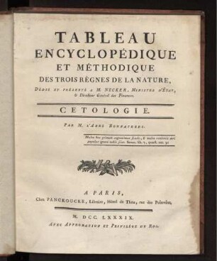 [540], [1]: [Encyclopédie Méthodique, Ou Par Ordre De Matières; Précédée d'un Vocabulaire universel, servant de Table pour tout l'Ouvrage, ornée des Portraits de MM. Diderot & D'Alembert, premiers Éditeurs de l'Encyclopédie. [540]. Tableau Encyclopédique Et Méthodique Des Trois Règnes De La Nature. [1]