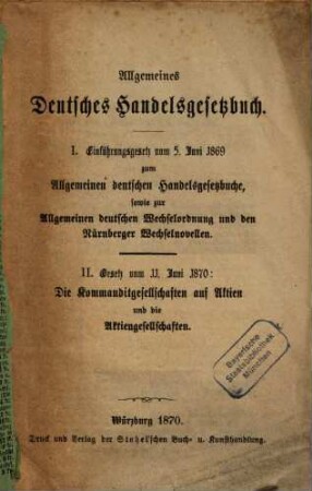 Allgemeines Deutsches Handelsgesetzbuch für den Norddeutschen Bund