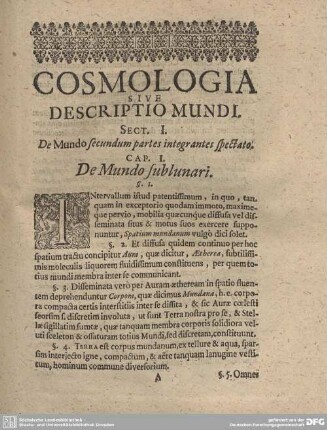 SECT. I. De Mundo secundum partes integrantes spectato.