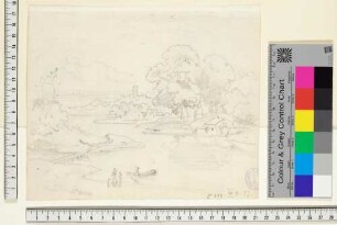Weite Flusslandschaft mit Mühle und Burg